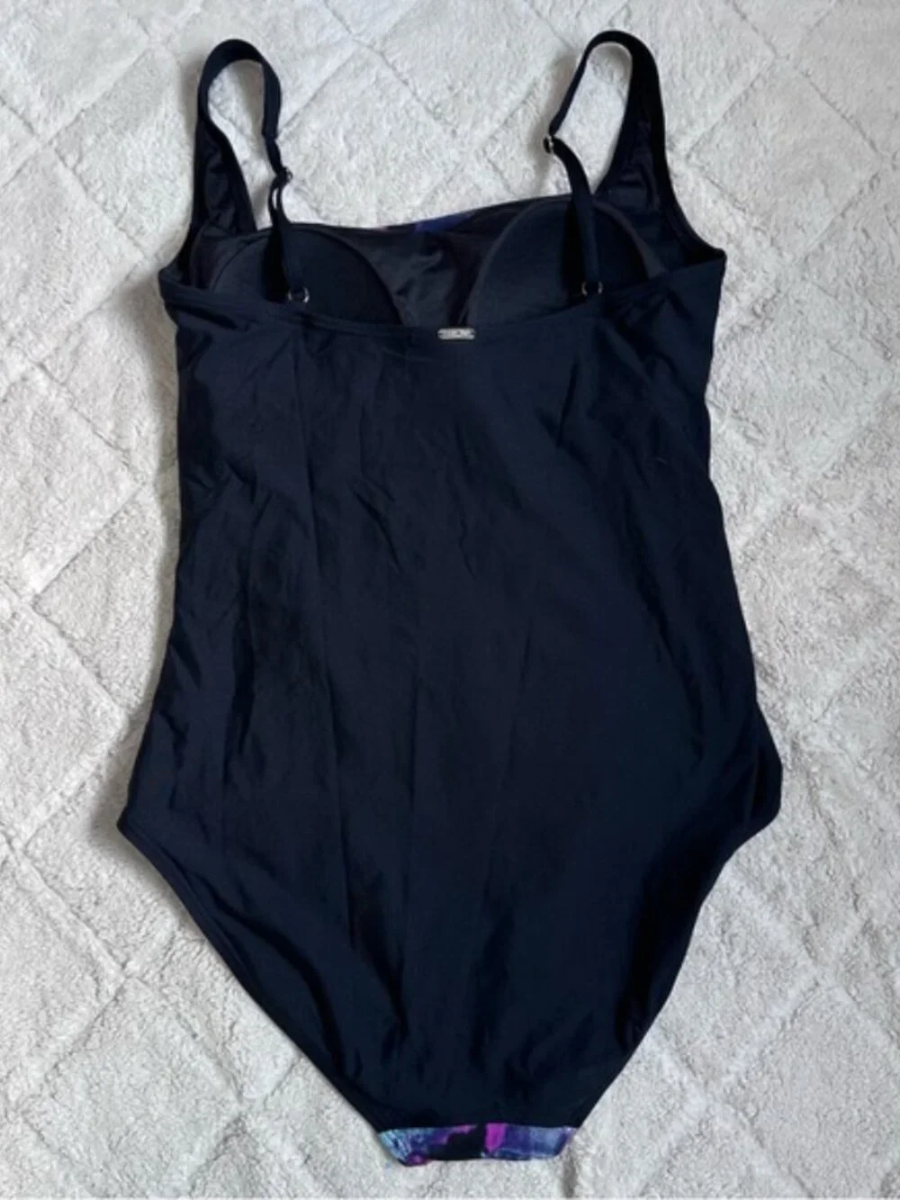 Calvin Klein | Black and Purple Monet Pleated One-Piece Swimsuit | Size 12